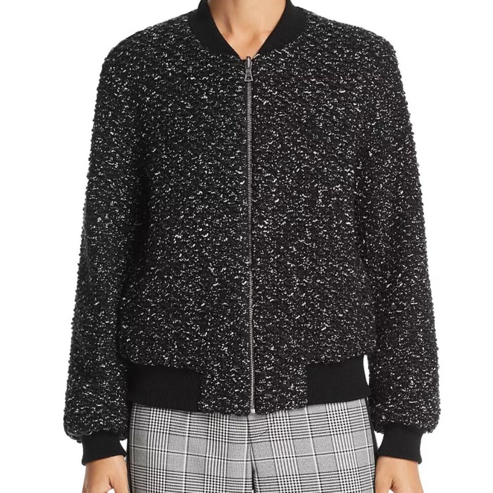 Alice + Olivia Black Bouclé Bomber Jacket with Silver Threads
